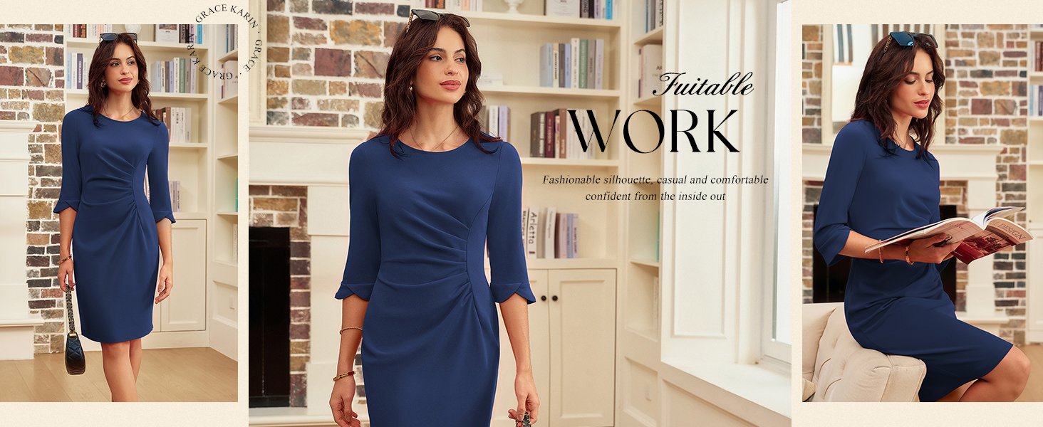 Black Dress for Women Sexy 3/4 Sleeve Ruched Church Wedding Guest Party Pencil Midi Sheath Dress