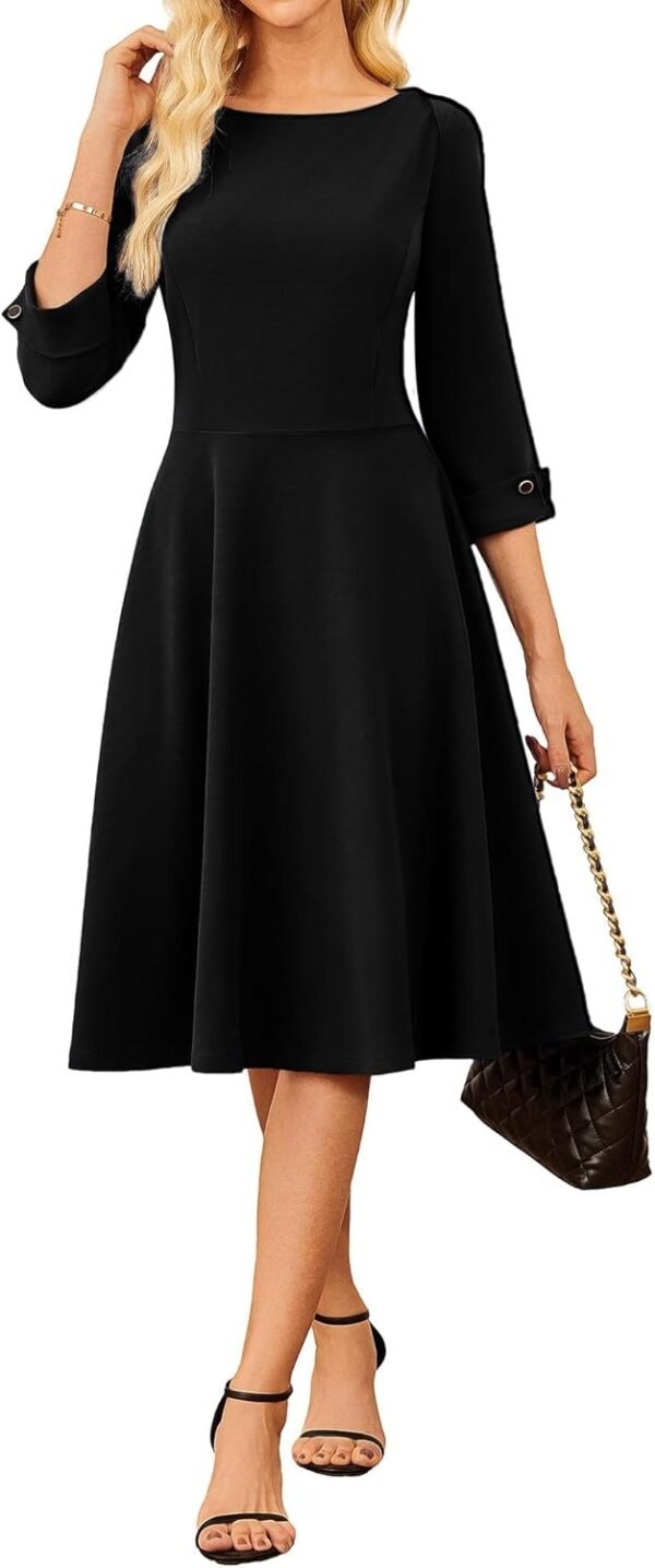 Work Dresses for Women 2025 3/4 Sleeve Fit and Flare Business Midi Dress Classy Office Dresses with Pockets