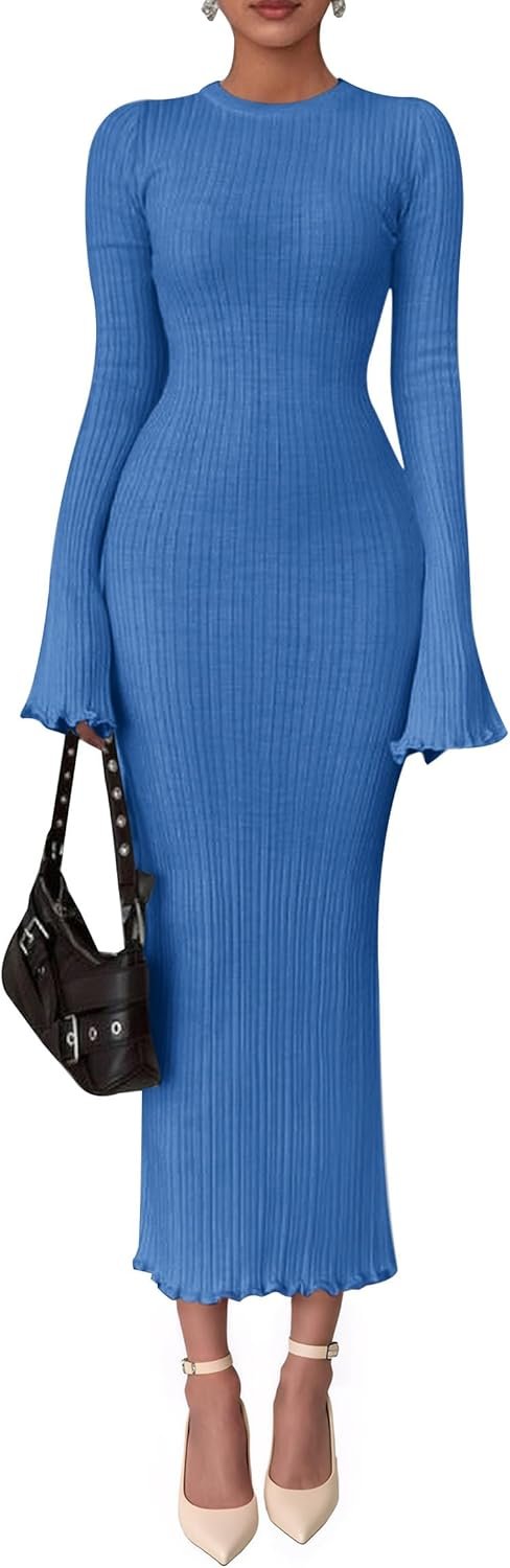 614fKMUHiLL._AC_SL1500 Sweater Dresses for Women 2025 Fall Bell Long Sleeve Crew Neck Bodycon Maxi Dress Winter Ribbed Knit Outfits
