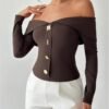 Women's Off The Shoulder T Shirts Metal Button Long Sleeve Tee Going Out Top
