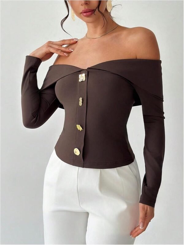 Women's Off The Shoulder T Shirts Metal Button Long Sleeve Tee Going Out Top