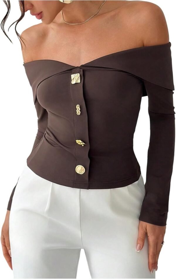 Women's Off The Shoulder T Shirts Metal Button Long Sleeve Tee Going Out Top