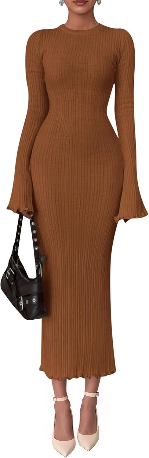 61C99tCwWxL._AC_SL1500 Sweater Dresses for Women 2025 Fall Bell Long Sleeve Crew Neck Bodycon Maxi Dress Winter Ribbed Knit Outfits