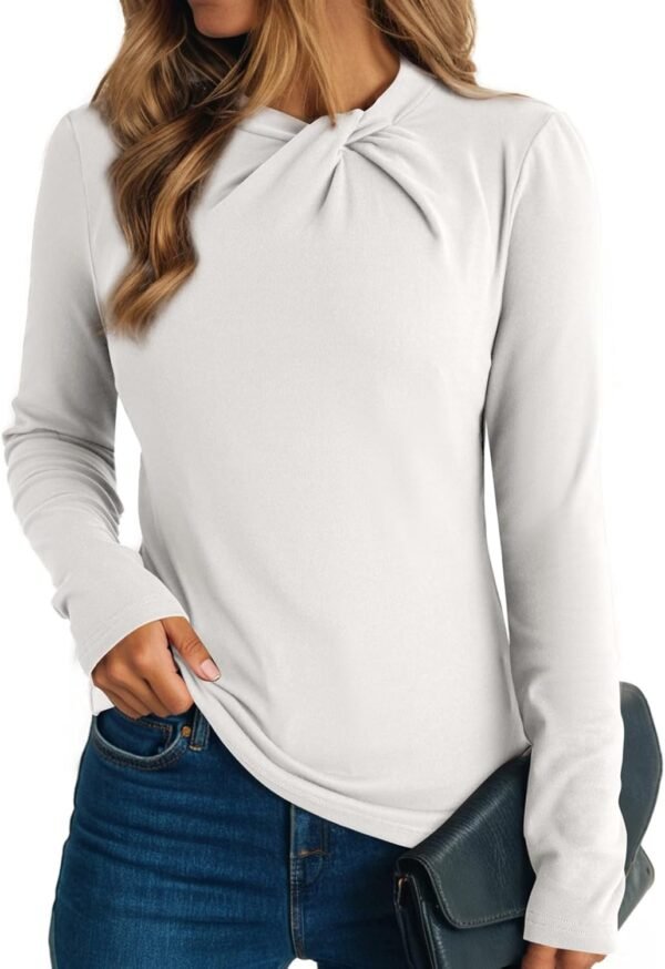 Dokotoo Womens Tops Business Casual Outfits Long Sleeve Shirts Mock Neck Twist Knot Slim Fit Soft Stretch Tees Blouses