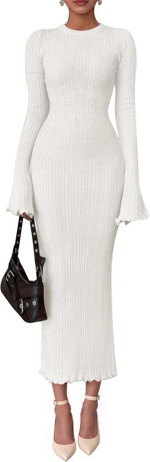61N53irw_mL._AC_SL1500 Sweater Dresses for Women 2025 Fall Bell Long Sleeve Crew Neck Bodycon Maxi Dress Winter Ribbed Knit Outfits