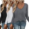 Long Sleeve Shirts for Women V Neck T Shirt Fall Casual Tops Basic Base Layer Undershirts Tees 2025 S-XXL