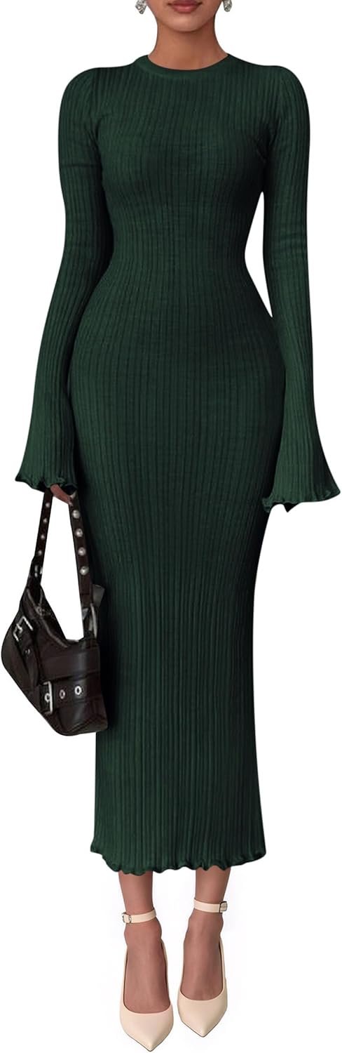 61aQsc_3tzL._AC_SL1500 Sweater Dresses for Women 2025 Fall Bell Long Sleeve Crew Neck Bodycon Maxi Dress Winter Ribbed Knit Outfits