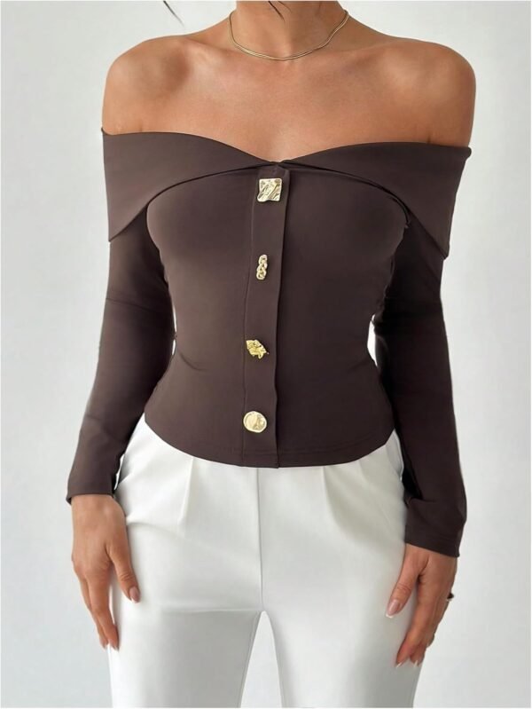 Women's Off The Shoulder T Shirts Metal Button Long Sleeve Tee Going Out Top