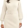Womens Long Sleeve Mini Sweater Dress Mock Neck Fall Dressy Casual Knit Bodycon Dresses with Belt