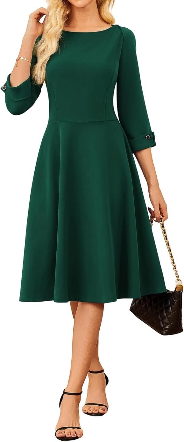 Work Dresses for Women 2025 3/4 Sleeve Fit and Flare Business Midi Dress Classy Office Dresses with Pockets