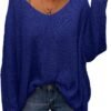 Women's V Neck Long Sleeve Knit Loose Oversized Pullover Sweater Top