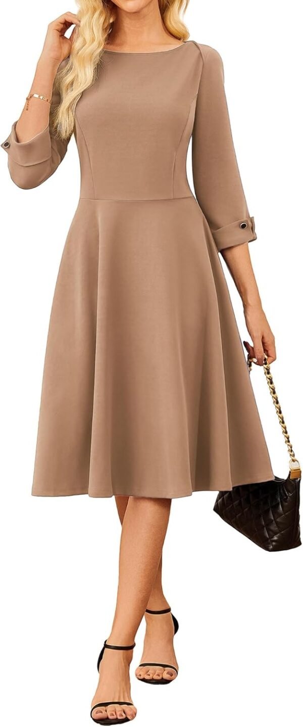 Work Dresses for Women 2025 3/4 Sleeve Fit and Flare Business Midi Dress Classy Office Dresses with Pockets