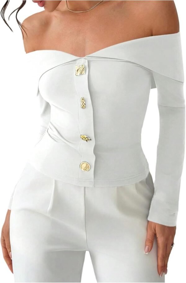 Women's Off The Shoulder T Shirts Metal Button Long Sleeve Tee Going Out Top