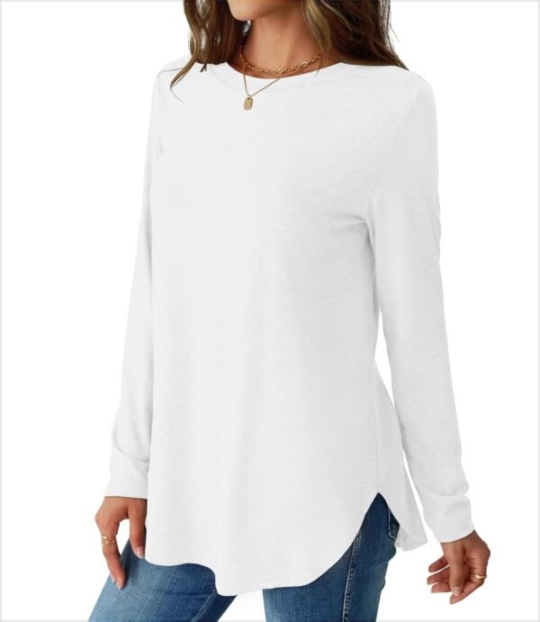 Womens Long Sleeve Shirts Loose Tunic Tops Round Neck Lightweight Side Split Casual 2025 Trendy Basic Tshirts Blouse