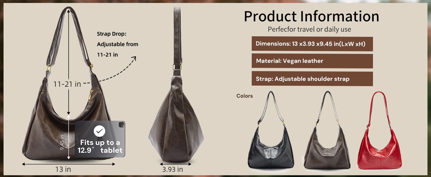 Brown vegan leather tote with 11–21in adjustable strap, shown with size chart and iPad comparison