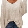 Women's V Neck Long Sleeve Knit Loose Oversized Pullover Sweater Top