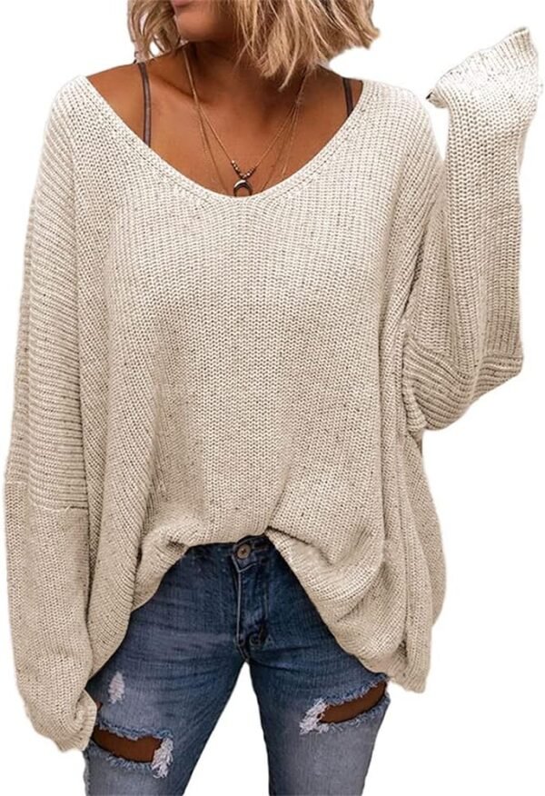 Women's V Neck Long Sleeve Knit Loose Oversized Pullover Sweater Top