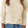 Womens Ruffle Mock Neck Sweater Puff Long Sleeve Fall Soft Knit Casual Pullover Sweaters Top