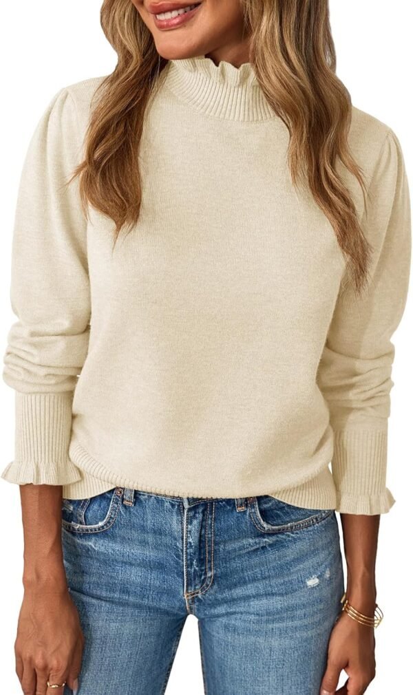 Womens Ruffle Mock Neck Sweater Puff Long Sleeve Fall Soft Knit Casual Pullover Sweaters Top
