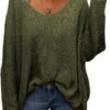 Women's V Neck Long Sleeve Knit Loose Oversized Pullover Sweater Top