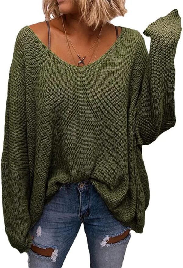 Women's V Neck Long Sleeve Knit Loose Oversized Pullover Sweater Top
