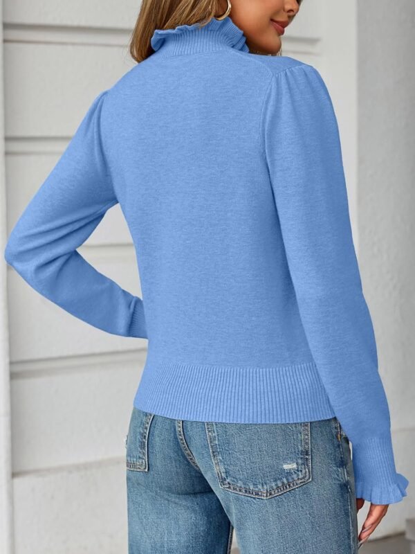 Womens Ruffle Mock Neck Sweater Puff Long Sleeve Fall Soft Knit Casual Pullover Sweaters Top
