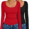 Long Sleeve Shirts for Womens Scoop Neck Tops Slim Fit Undershirts Basic Thermal Tee Shirt
