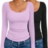 Long Sleeve Shirts for Womens Scoop Neck Tops Slim Fit Undershirts Basic Thermal Tee Shirt