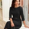 Work Dresses for Women 2025 3/4 Sleeve Fit and Flare Business Midi Dress Classy Office Dresses with Pockets