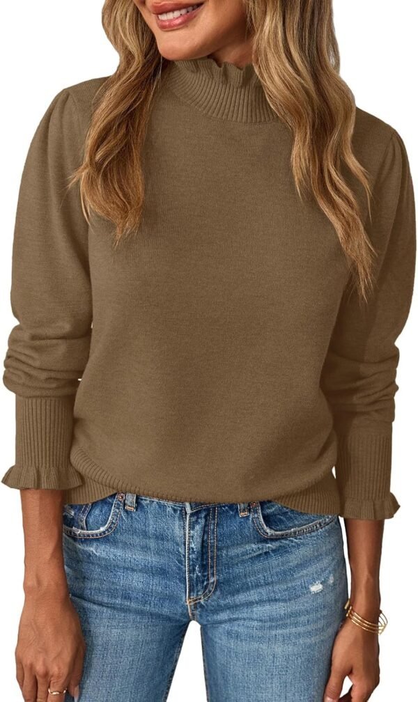 Womens Ruffle Mock Neck Sweater Puff Long Sleeve Fall Soft Knit Casual Pullover Sweaters Top