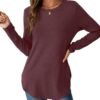 Womens Long Sleeve Shirts Loose Tunic Tops Round Neck Lightweight Side Split Casual 2025 Trendy Basic Tshirts Blouse