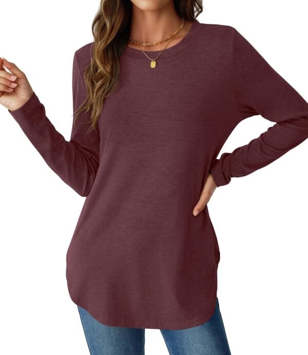 Womens Long Sleeve Shirts Loose Tunic Tops Round Neck Lightweight Side Split Casual 2025 Trendy Basic Tshirts Blouse