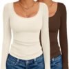 Long Sleeve Shirts for Womens Scoop Neck Tops Slim Fit Undershirts Basic Thermal Tee Shirt