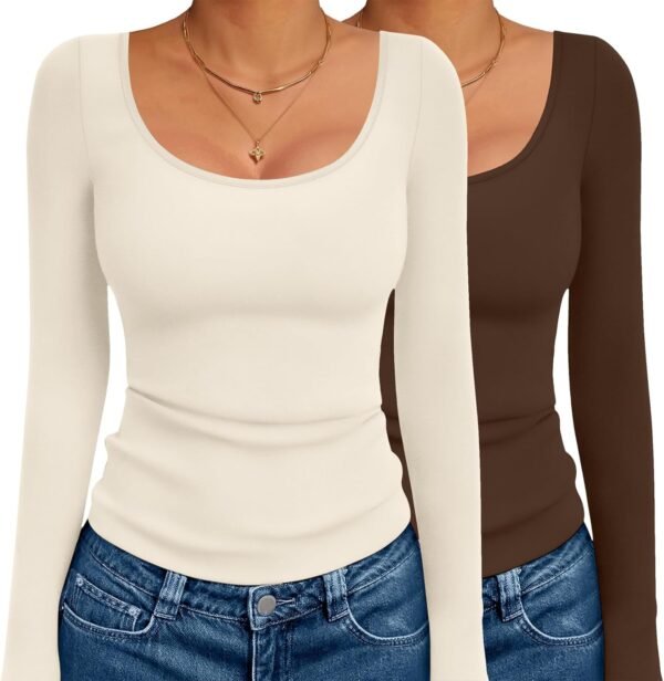 Long Sleeve Shirts for Womens Scoop Neck Tops Slim Fit Undershirts Basic Thermal Tee Shirt