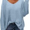 Women's V Neck Long Sleeve Knit Loose Oversized Pullover Sweater Top