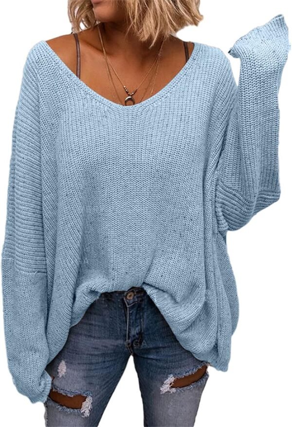 Women's V Neck Long Sleeve Knit Loose Oversized Pullover Sweater Top