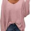 Women's V Neck Long Sleeve Knit Loose Oversized Pullover Sweater Top