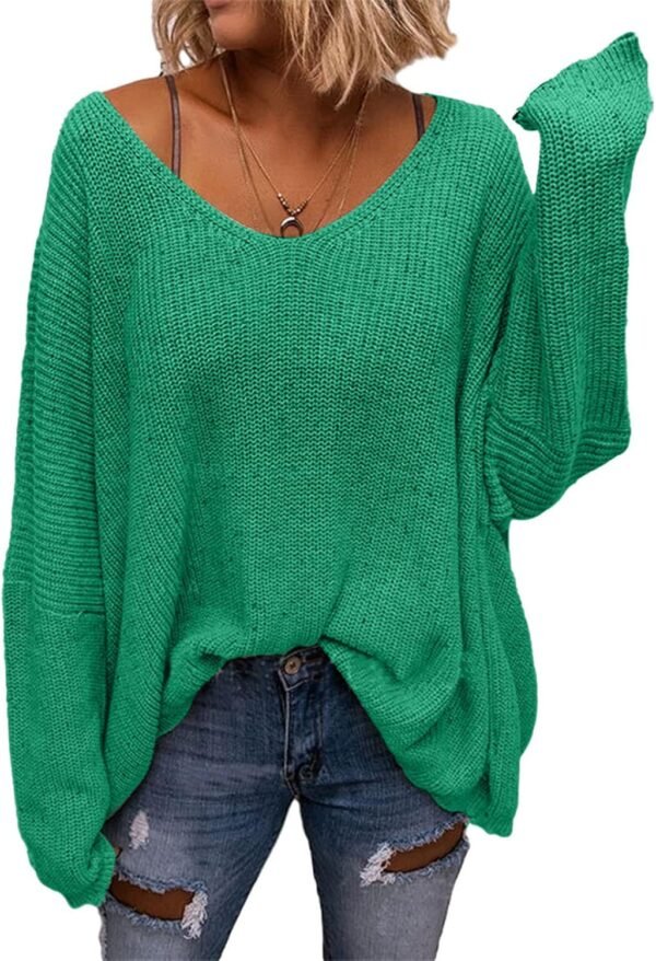 Women's V Neck Long Sleeve Knit Loose Oversized Pullover Sweater Top