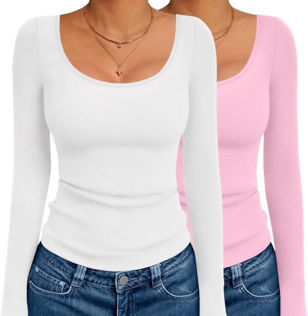 Long Sleeve Shirts for Womens Scoop Neck Tops Slim Fit Undershirts Basic Thermal Tee Shirt
