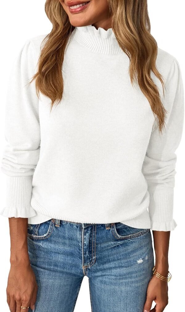 Womens Ruffle Mock Neck Sweater Puff Long Sleeve Fall Soft Knit Casual Pullover Sweaters Top