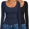 Long Sleeve Shirts for Womens Scoop Neck Tops Slim Fit Undershirts Basic Thermal Tee Shirt