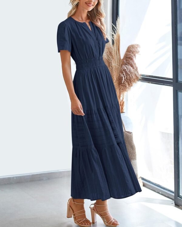 Womens Summer 2025 Casual Midi Maxi Dresses Lightweight Short Sleeve V Neck Elastic Waist Boho Beach Dress Pockets