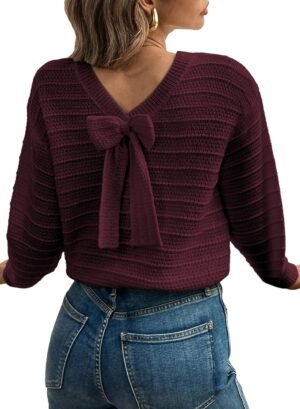 Sweaters for Women Long Sleeve Fall Outfits 2025 Back Bow Knot Sweaters Round Neck Solid Knit Pullover Tops