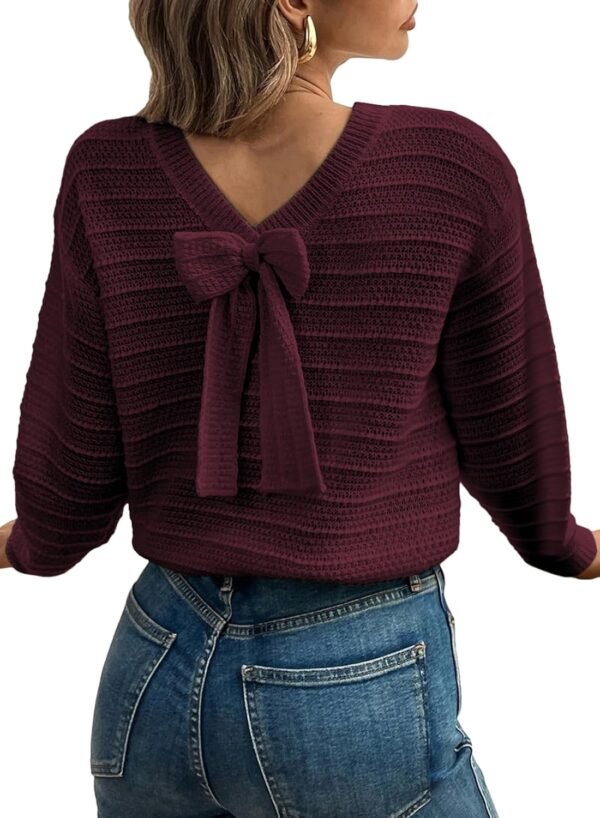 Sweaters for Women Long Sleeve Fall Outfits 2025 Back Bow Knot Sweaters Round Neck Solid Knit Pullover Tops