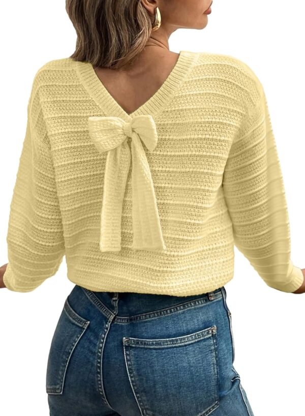 Sweaters for Women Long Sleeve Fall Outfits 2025 Back Bow Knot Sweaters Round Neck Solid Knit Pullover Tops