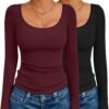 Long Sleeve Shirts for Womens Scoop Neck Tops Slim Fit Undershirts Basic Thermal Tee Shirt