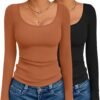 Long Sleeve Shirts for Womens Scoop Neck Tops Slim Fit Undershirts Basic Thermal Tee Shirt