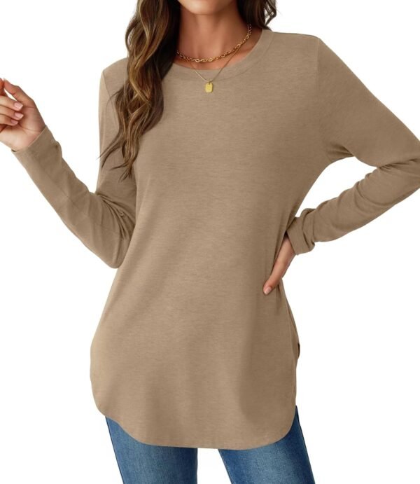 Womens Long Sleeve Shirts Loose Tunic Tops Round Neck Lightweight Side Split Casual 2025 Trendy Basic Tshirts Blouse
