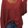 Women's V Neck Long Sleeve Knit Loose Oversized Pullover Sweater Top
