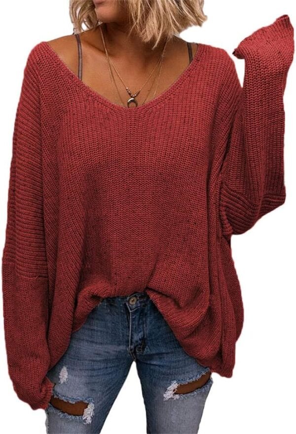 Women's V Neck Long Sleeve Knit Loose Oversized Pullover Sweater Top